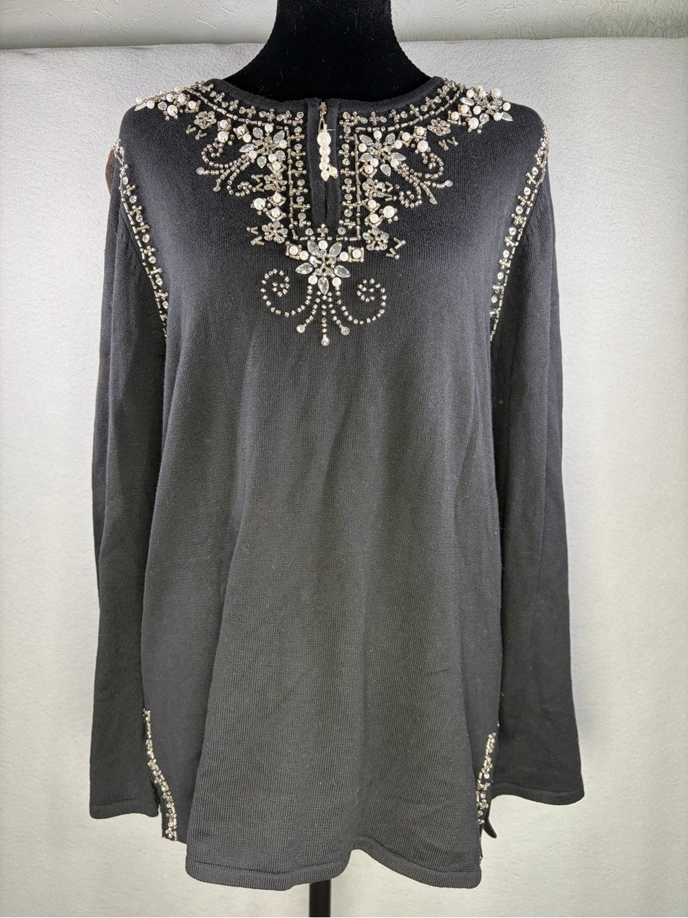 Quacker Factory Black Long Sleeve Top with Pearl & Crystal Neckline